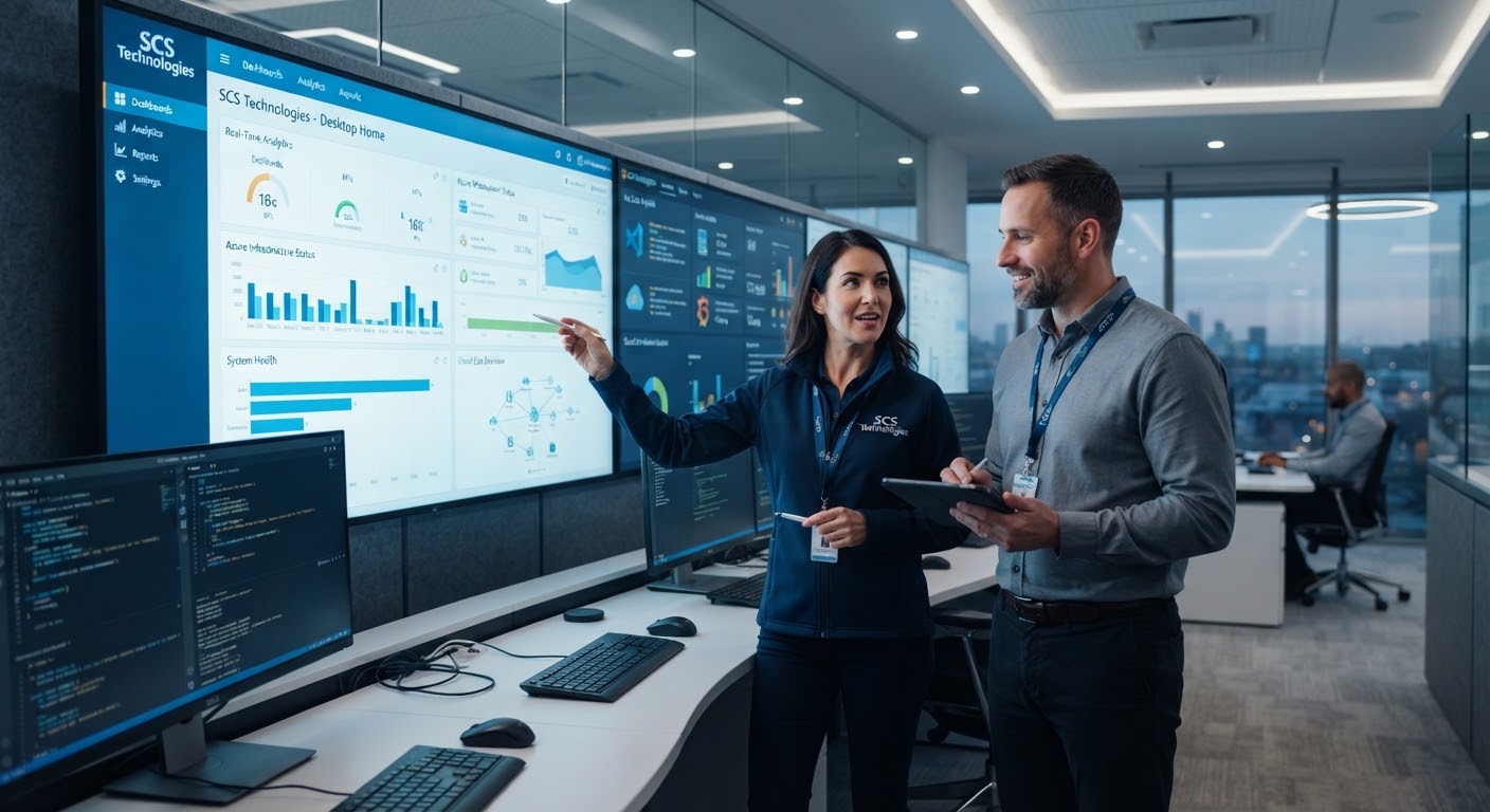 Two engineers reviewing cloud analytics dashboards in an IT control center